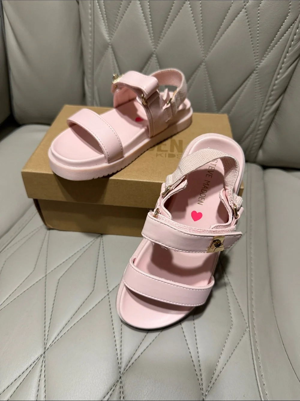 Steve Madden Kids Light Pink Velcro Strap Sandals with Gold Accents